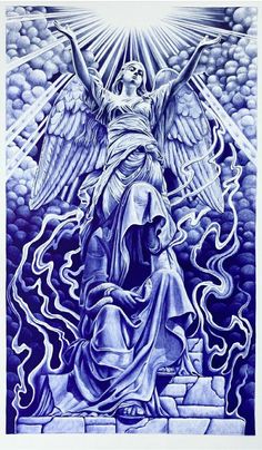 a blue and white drawing of an angel holding the cross