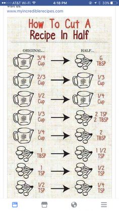 how to cut a recipe in half with instructions on the bottom, and an arrow pointing up