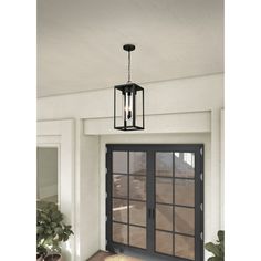 a light hanging from the ceiling in front of a door with a glass paneled window