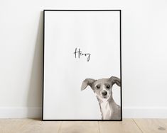 a dog is shown in front of a white wall with the word henry printed on it