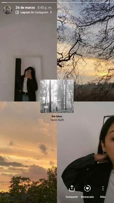 four different pictures with trees and sky in the background, one woman is talking on her cell phone