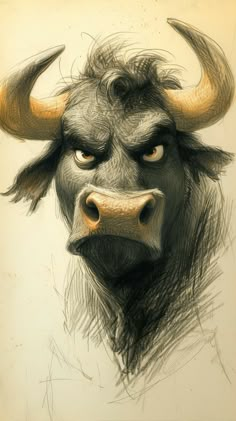 a drawing of a bull's head with horns