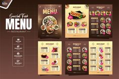 a restaurant menu with different food items on the front and back pages, including brochures