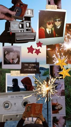 a collage of photos with people and fireworks in the air, one person holding a camera