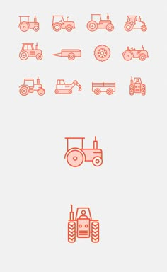 an orange line drawing of different types of trucks and tractors on a light blue background