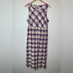 Vintage Erika & Co Purple & Cream Plaid Sleeveless Full Length Floral Embroidered Dress Sz S/M Ties In Back Fitted Bust Flows Down After Mid Waist Sleeveless 100% Cotton. No Stretch Condition: Brand New Unworn Excellent 20% Off Any 2 Or More Items From My Store! Cottagecore, Farm House Style, Cozy Vintage Dress, Cute Spring Picnic Dress, Lunch Date Dress, Little House Ok The Prairie Vibes Lunch Date Dress, Cottagecore Farm, Spring Picnic, Date Dress, Picnic Dress, Date Dresses, Lunch Date, Floral Embroidered Dress, Cute Spring