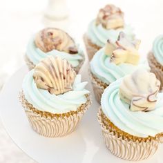 cupcakes with blue frosting and seashells on them sitting on a plate