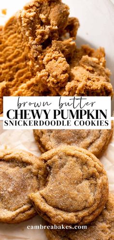 some brown butter chewy pumpkin cookies are in a bowl and on top of each other