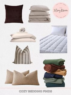 bedding and pillows are featured in this postcard for the cozy bedding finds