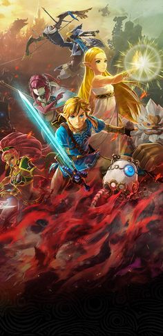 the legend of zelda poster is shown in front of an image of several different characters