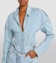 Mugler Corset Denim Jacket Collared Denim Tops With Washed Detail, Futuristic Denim Fashion, Luxury Washed Denim Top, Trendy Fitted Denim Corset, Mugler Denim Jacket, Denim Crafts Diy, Long Sleeve Denim Jacket, Set Outfits, Edgy Chic