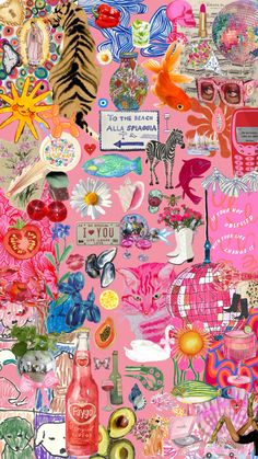 a collage of many different items on a pink background, including an animal and bird