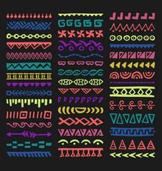 a set of hand drawn doodles in different colors and shapes on a black background