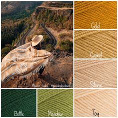 an image of different colors of yarn on the side of a mountain with trees in the background