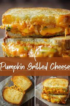 pumpkin grilled cheese sandwich with melted cheese on the top, and an image of cheesy bread cut in half