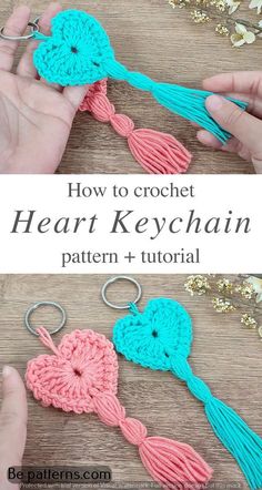 the crochet heart keychain pattern is shown in two different colors, and it