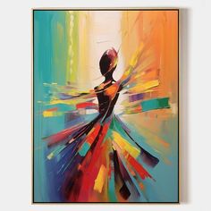 an abstract painting on the wall with a woman's body and colorful lines in it