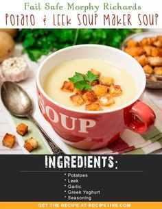 soup in a red bowl with garnish on top and the words soup ingredients below it