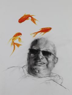 an older man with sunglasses and goldfish in the air