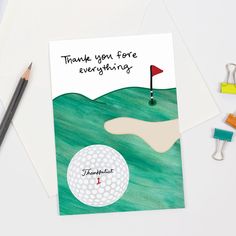 Golfers will love this gratitude greeting card, which features the punny text Thank you for everything and a golf ball labelled Thankfulist with a golf course green and red flag in the background. Let them know you're thankful for all that they've done by sending this sweet golf-themed thank you greeting card by Sunny Day Designs. Made in the USA and printed on sustainably sourced paper. Golf Thank You Cards, Golf Puns For Boyfriend, Golf Puns, Bf Things, Handwritten Text, Gratitude Cards, Golf Theme