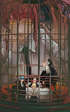 the caged in scene shows two men and a woman with red hair, one holding a cat