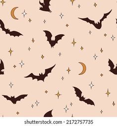 bats and stars on a pink background with brown, white, and orange colors in the sky