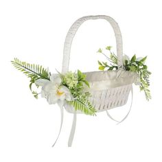 a white basket with flowers and greenery on the handle is shown in front of a white background