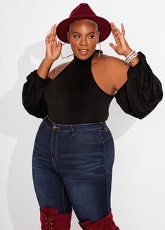 Channel your alter ego. Shoulder Puff Sleeve, Plus Size Trendy, Destructed Jeans, Trendy Plus Size Fashion, Halter Bodysuit, Find Color, Ashley Stewart, Alter Ego, Halter Top