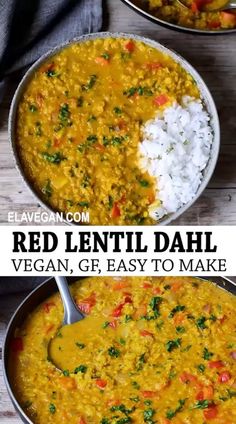 two bowls filled with red lentil dali next to white rice and carrots