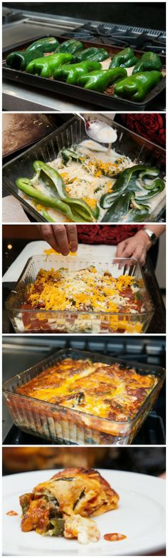 four different views of food being prepared in pans and on plates, including green peppers