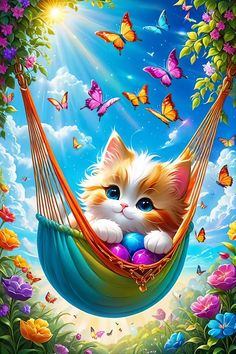 a painting of a cat laying in a hammock with butterflies flying around it