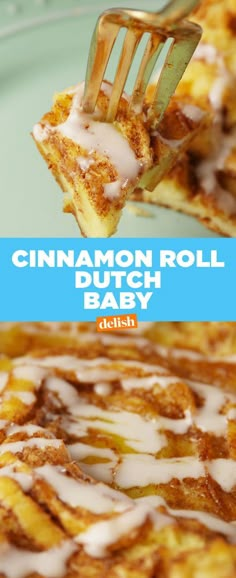 a close up of a piece of food on a fork with the words cinnamon roll baby below it