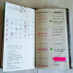 an open planner book with pink marker marks on the pages and calendars in it