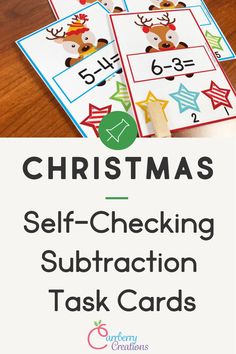 christmas self - checking subtraction task cards with the title