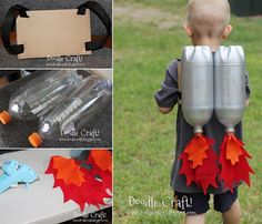 a collage of photos showing how to make a paper airplane and water bottle craft