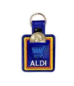 a blue keychain with an aldi logo and a coin in the center