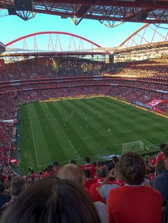 a stadium filled with lots of people watching soccer