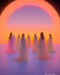 a group of women standing in front of an orange and pink sun with long veils