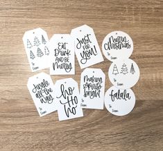 six christmas gift tags with the words eat drink and be merry written on them in black ink