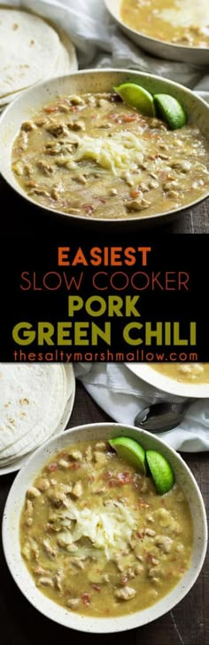 easy slow cooker pork and green chili soup with tortilla chips on the side