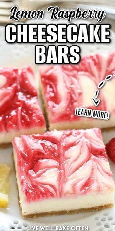 lemon raspberry cheesecake bars on a white plate with the words lemon raspberry cheesecake bars