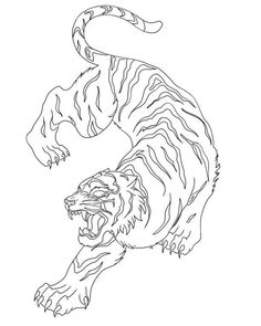 a drawing of a tiger with its mouth open and it's tail curled up