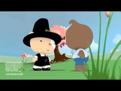 an animated image of a little boy with a black hat standing in front of a tree