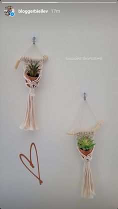 Two mini macrame hangers holding two different green succulents in orange clay pots against a white wall with the text "succulent decorations" & a brown outline of a heart in the bottom left corner. Succulent Decorations, Succulents Decor, Macrame Plant, Macrame Plant Hanger, Plant Hanger, Succulent