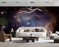 a living room filled with furniture and stars in the sky wallpaper mural decal