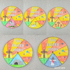 four paper plates with the easter story written on them