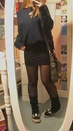 Grunge Outfit With Leg Warmers, Black Dress And Leg Warmers Outfit, Layering With Skirts Outfit, Oversized Sweater Black, Black Skirt With Leg Warmers, Small Skirt Big Sweater, Aesthetic Outfits With Leg Warmers, Platforms With Leg Warmers, Leg Warmers Dress Outfit