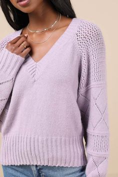 Add a little flair to your sweater collection this season with the Lulus Trend Maker Lavender Pointelle Knit V-Neck Sweater! Medium weight knit shapes long oversized sleeves decorated with various designs of pointelle knit and wide ribbed cuffs. The relaxed-fit bodice has a deep V-neckline and ribbed hem. Fit: This garment fits true to size. Length: Size medium measures 21.5" from shoulder to hem. Bust: Great for any cup size. Waist: Loosely Fitted. Undergarments: May be worn with any standard b V Neck Long Sleeve Sweater, Lavender Sweater, Casual Formal Dresses, Oversized Sleeves, Classy Winter Outfits, Pointelle Knit, Casual Wedding Dress, Sweater Fits, Sweater Collection