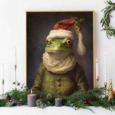 a painting of a frog wearing a santa claus hat with candles and greenery around it