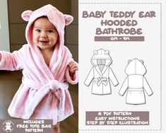 the baby teddy bear hooded bathrobe is shown with instructions on how to sew